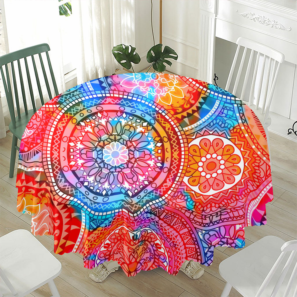 Colorful Circle Mandala Print Waterproof Round Tablecloth