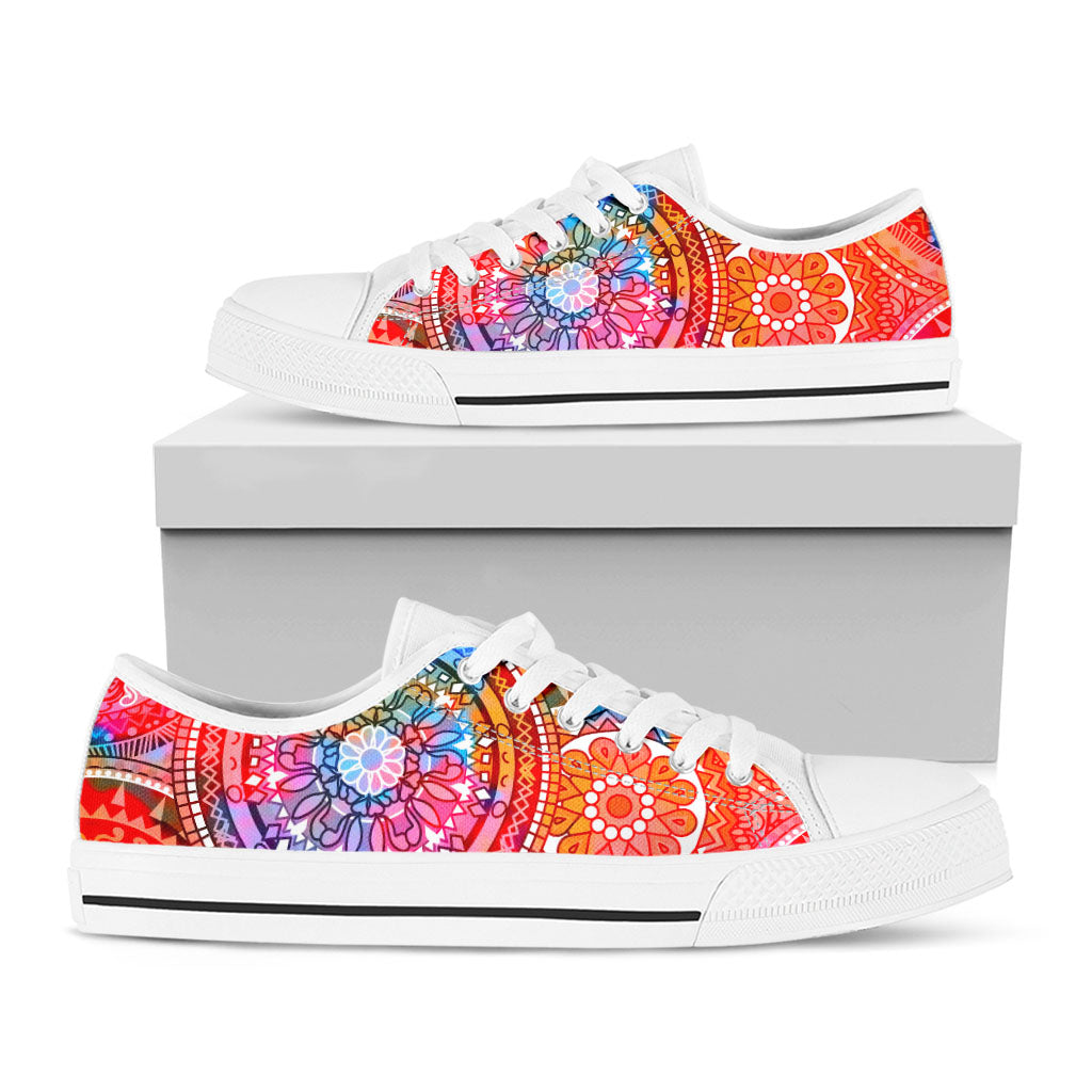 Colorful Circle Mandala Print White Low Top Sneakers