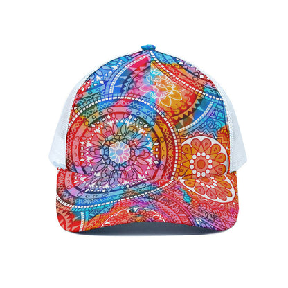 Colorful Circle Mandala Print White Mesh Trucker Cap