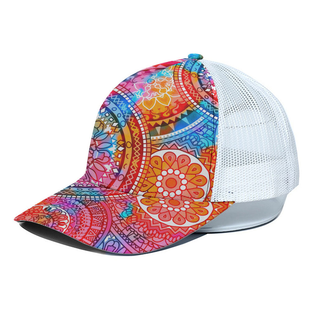 Colorful Circle Mandala Print White Mesh Trucker Cap