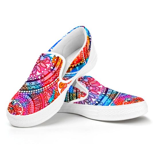 Colorful Circle Mandala Print White Slip On Sneakers
