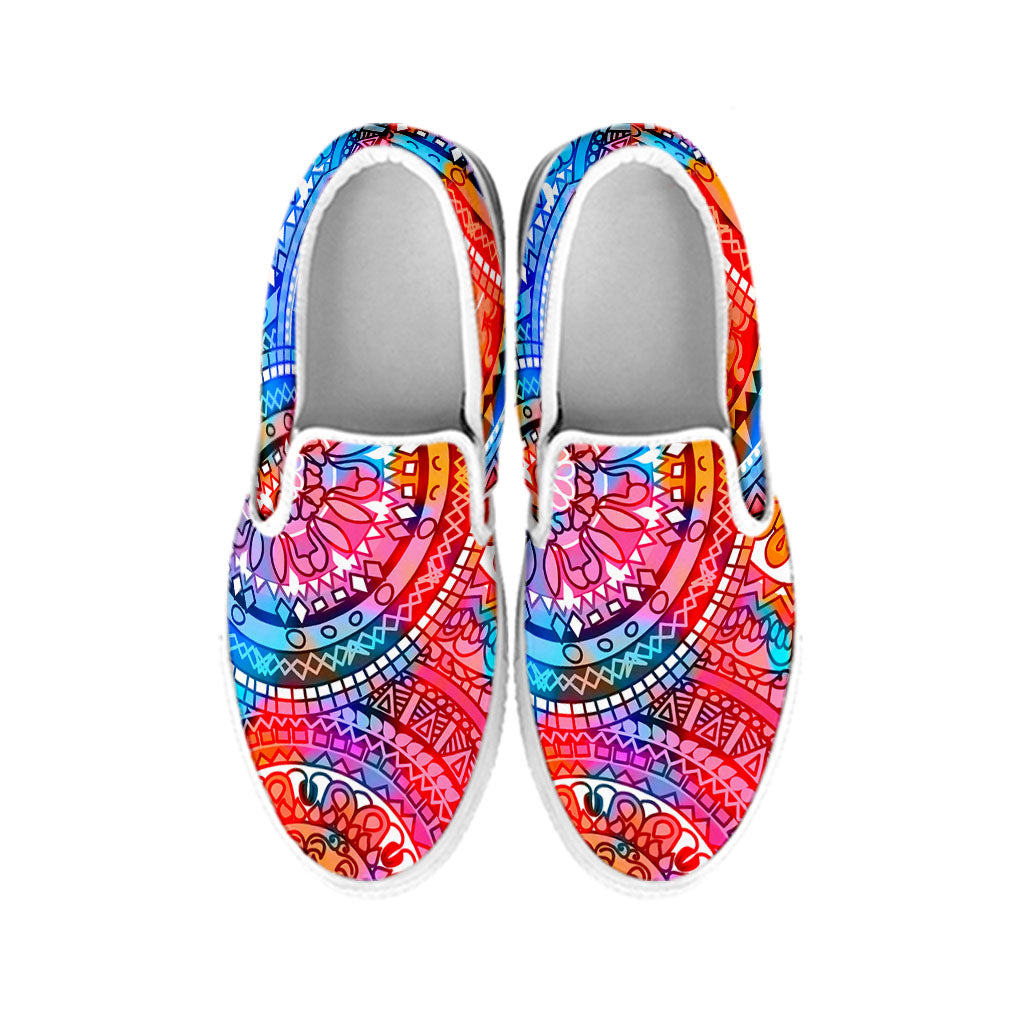 Colorful Circle Mandala Print White Slip On Sneakers