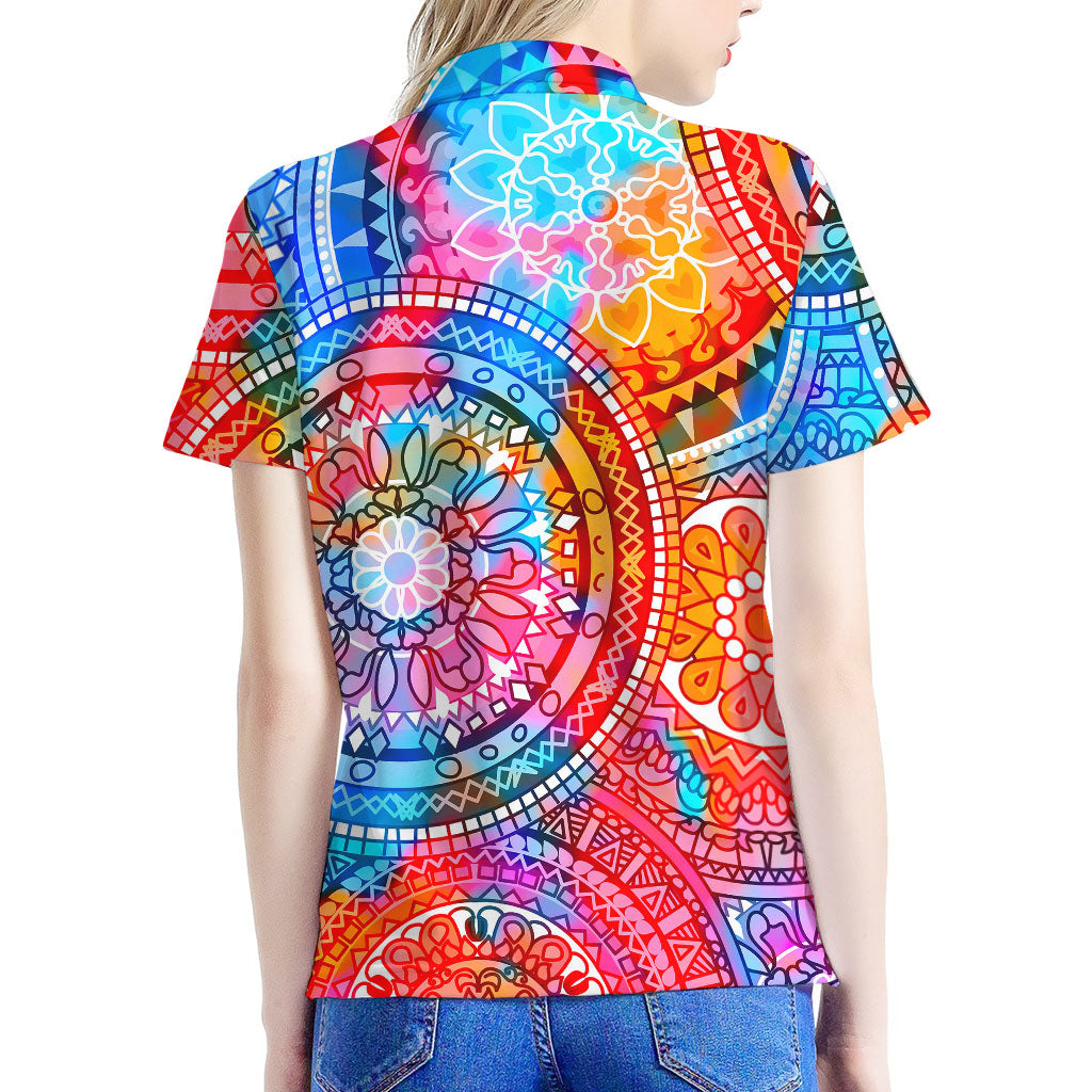 Colorful Circle Mandala Print Women's Polo Shirt