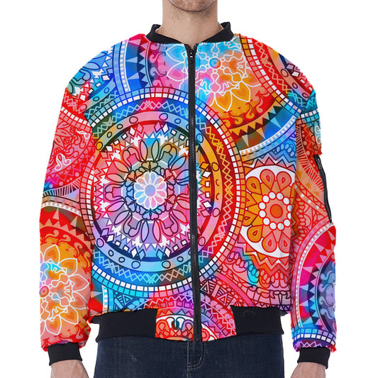 Colorful Circle Mandala Print Zip Sleeve Bomber Jacket
