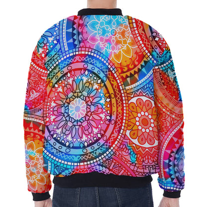 Colorful Circle Mandala Print Zip Sleeve Bomber Jacket