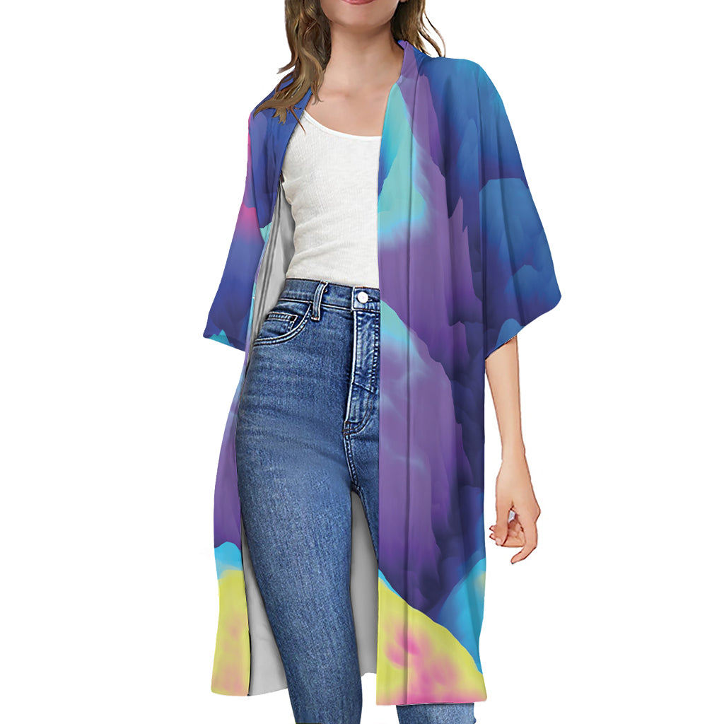 Colorful Cloud Print Open Front Beach Cover Up