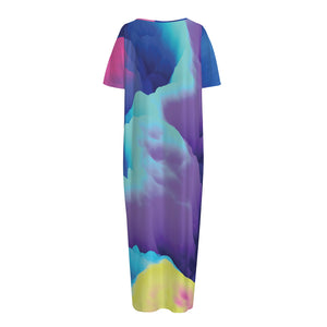 Colorful Cloud Print Short Sleeve Long Nightdress