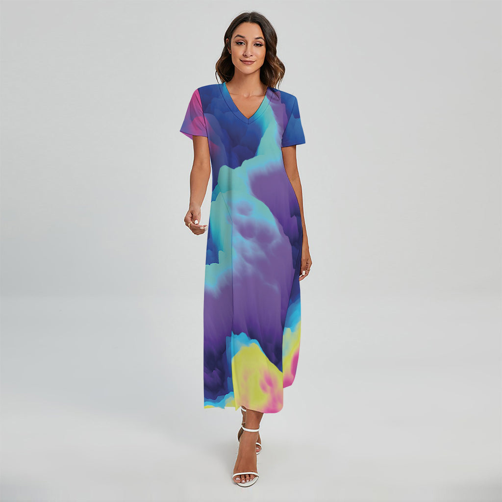 Colorful Cloud Print Short Sleeve Maxi Dress