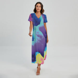 Colorful Cloud Print Short Sleeve Maxi Dress