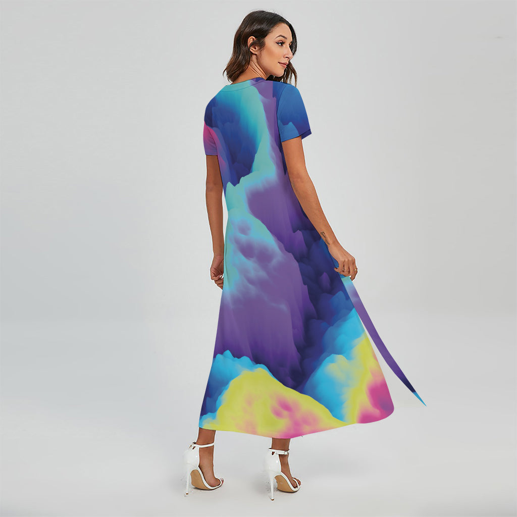 Colorful Cloud Print Short Sleeve Maxi Dress