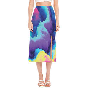 Colorful Cloud Print Side Slit Midi Skirt