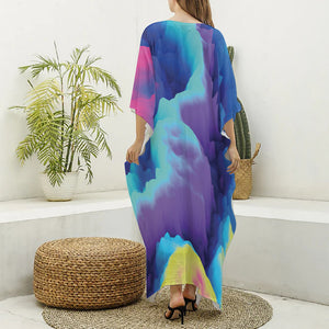 Colorful Cloud Print Silk V-Neck Kaftan Dress