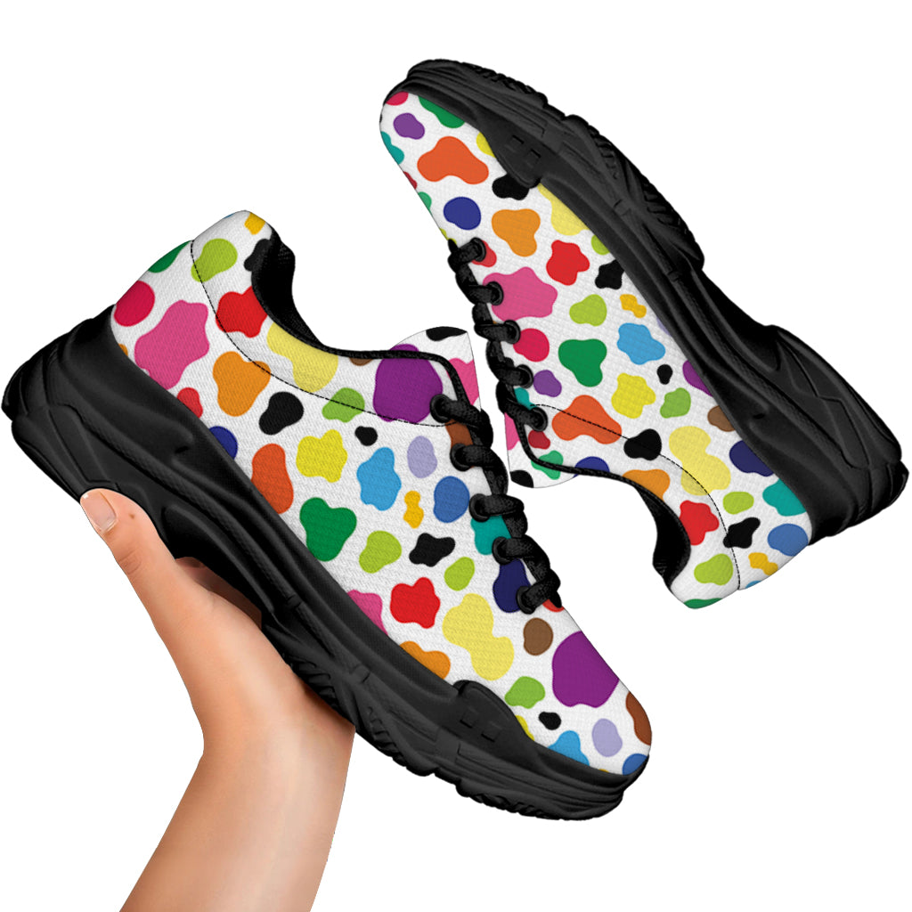 Colorful Cow Pattern Print Black Chunky Shoes