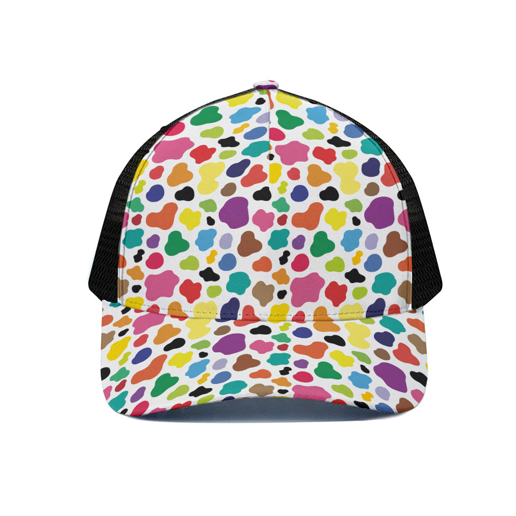 Colorful Cow Pattern Print Black Mesh Trucker Cap