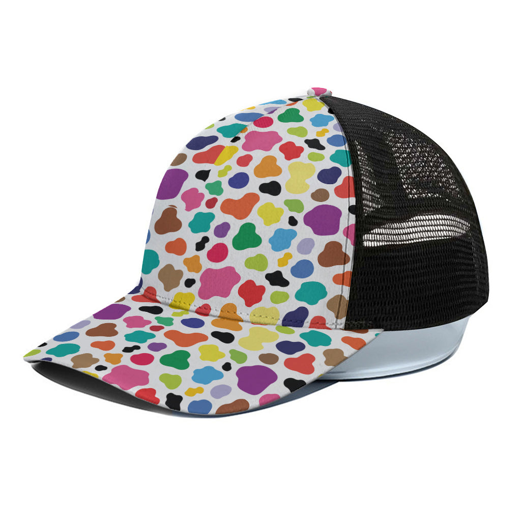 Colorful Cow Pattern Print Black Mesh Trucker Cap