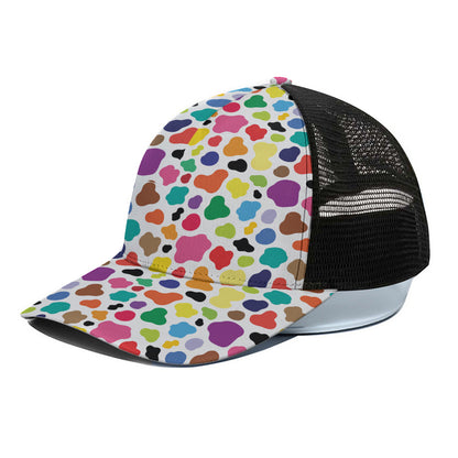 Colorful Cow Pattern Print Black Mesh Trucker Cap