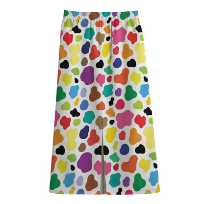 Colorful Cow Pattern Print Cotton Front Slit Maxi Skirt