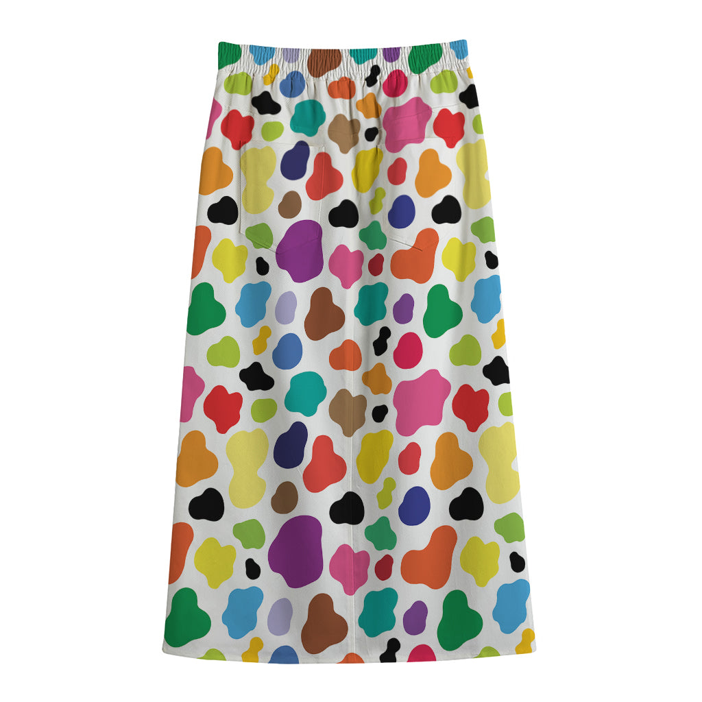Colorful Cow Pattern Print Cotton Front Slit Maxi Skirt
