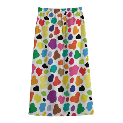 Colorful Cow Pattern Print Cotton Front Slit Maxi Skirt