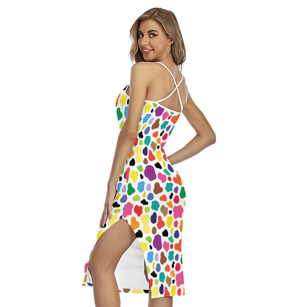 Colorful Cow Pattern Print Cross Back Cami Dress