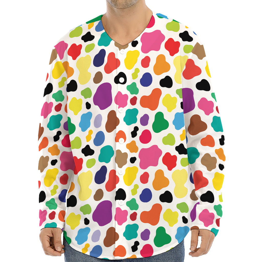 Colorful Cow Pattern Print Long Sleeve Baseball Jersey