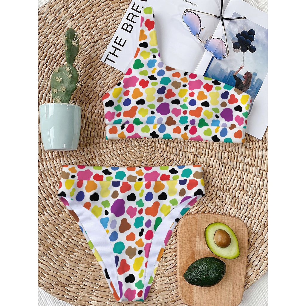 Colorful Cow Pattern Print One Shoulder Bikini Top