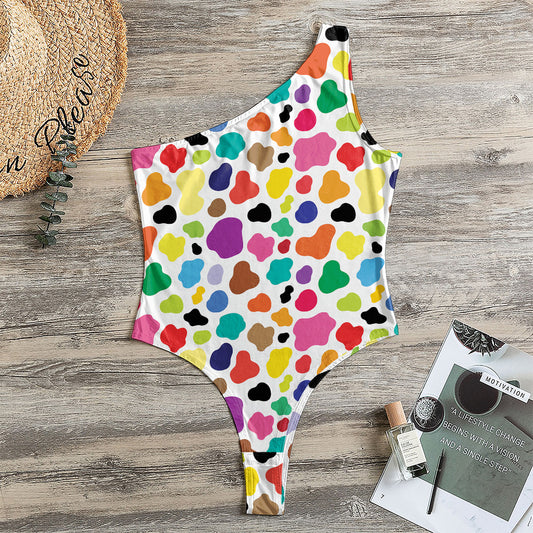 Colorful Cow Pattern Print One Shoulder Bodysuit