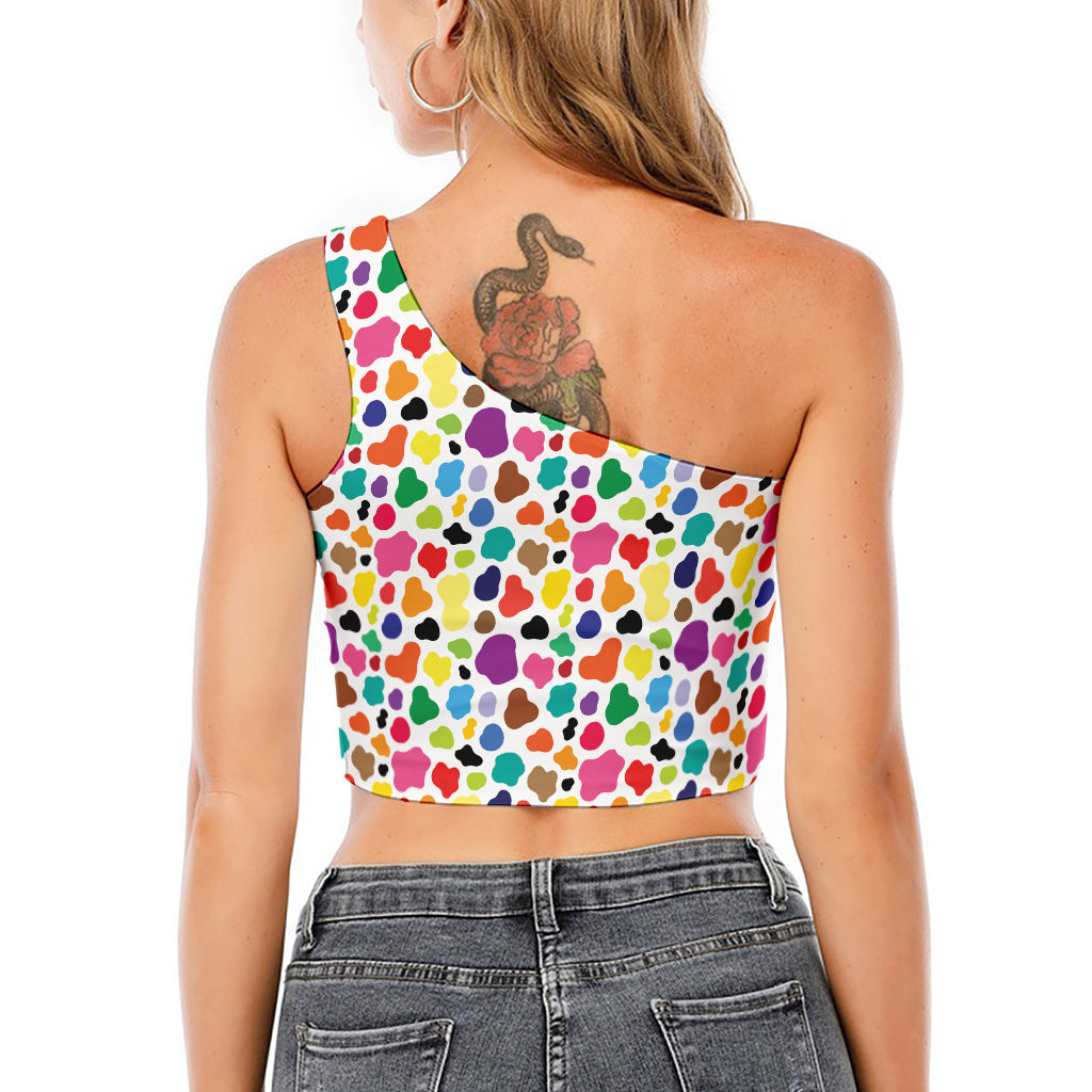 Colorful Cow Pattern Print One Shoulder Crop Top