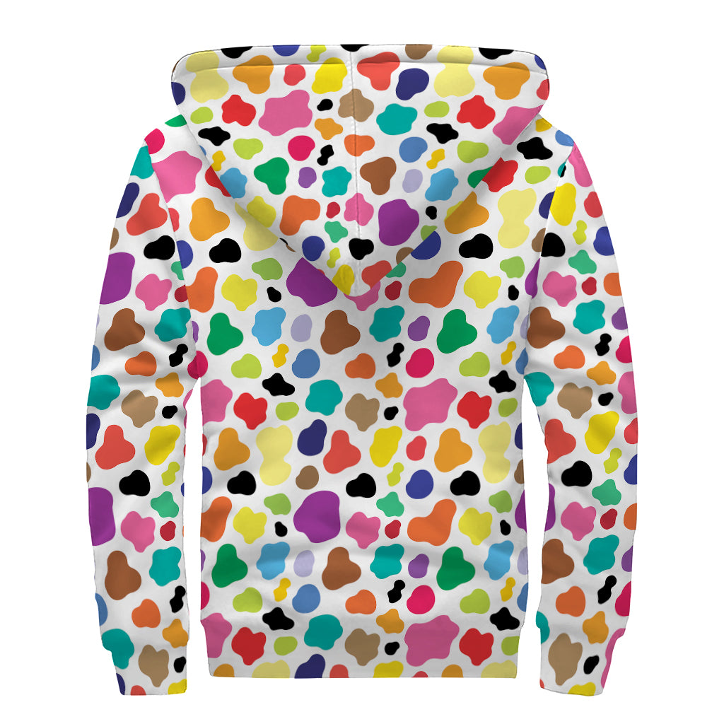 Colorful Cow Pattern Print Sherpa Lined Zip Up Hoodie