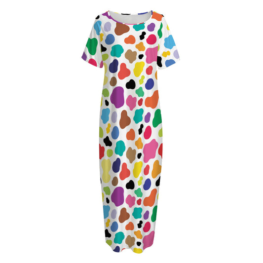 Colorful Cow Pattern Print Short Sleeve Long Nightdress