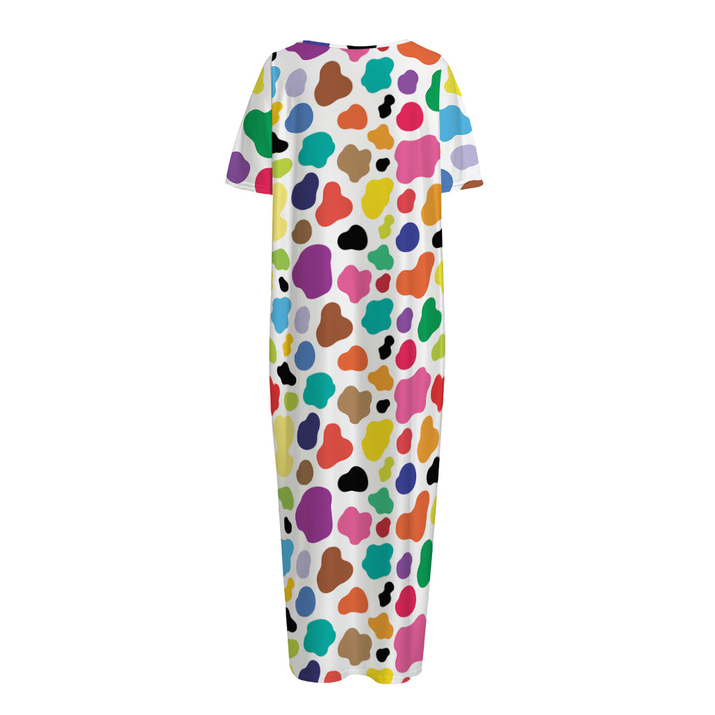Colorful Cow Pattern Print Short Sleeve Long Nightdress