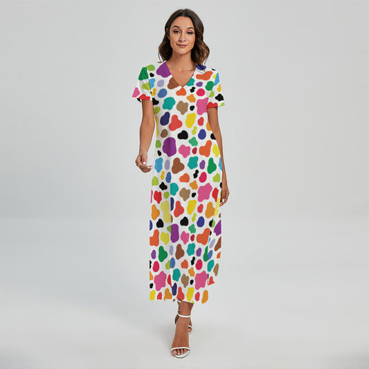 Colorful Cow Pattern Print Short Sleeve Maxi Dress