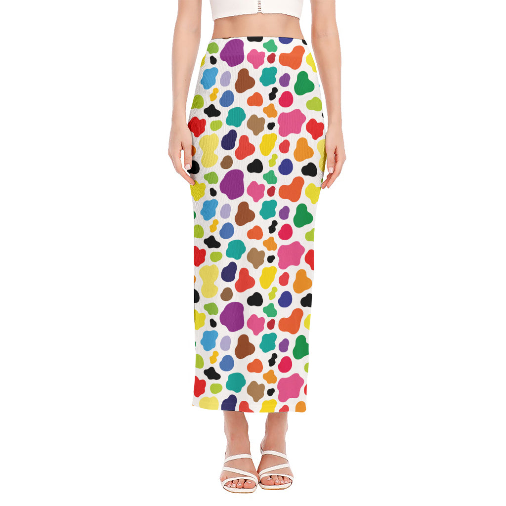 Colorful Cow Pattern Print Side Slit Maxi Skirt