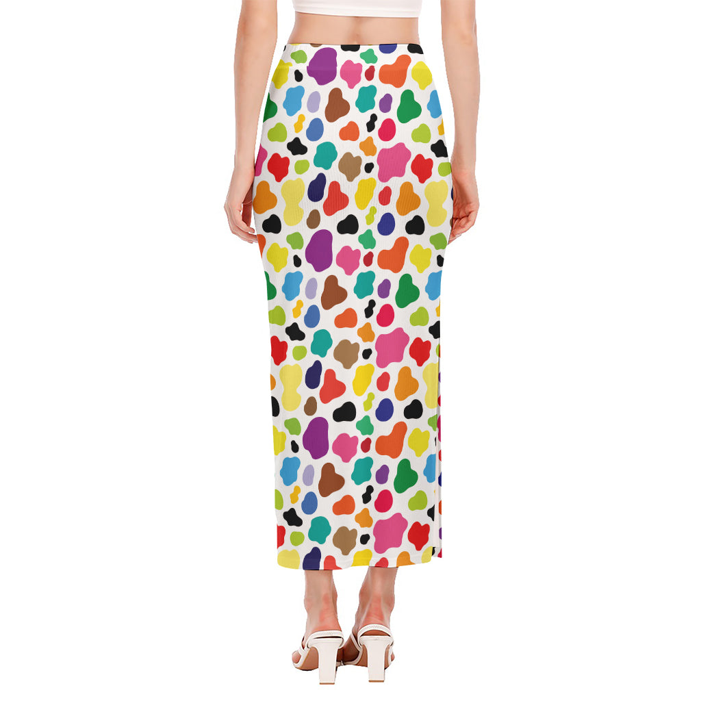 Colorful Cow Pattern Print Side Slit Maxi Skirt