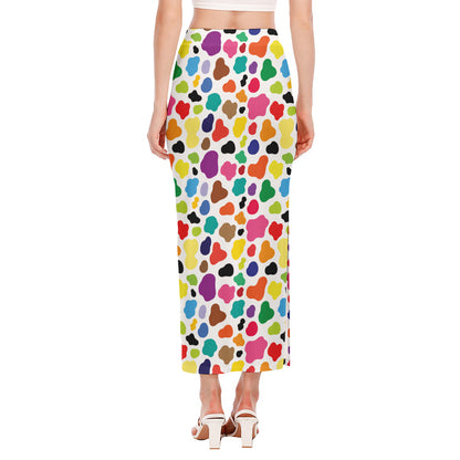 Colorful Cow Pattern Print Side Slit Maxi Skirt