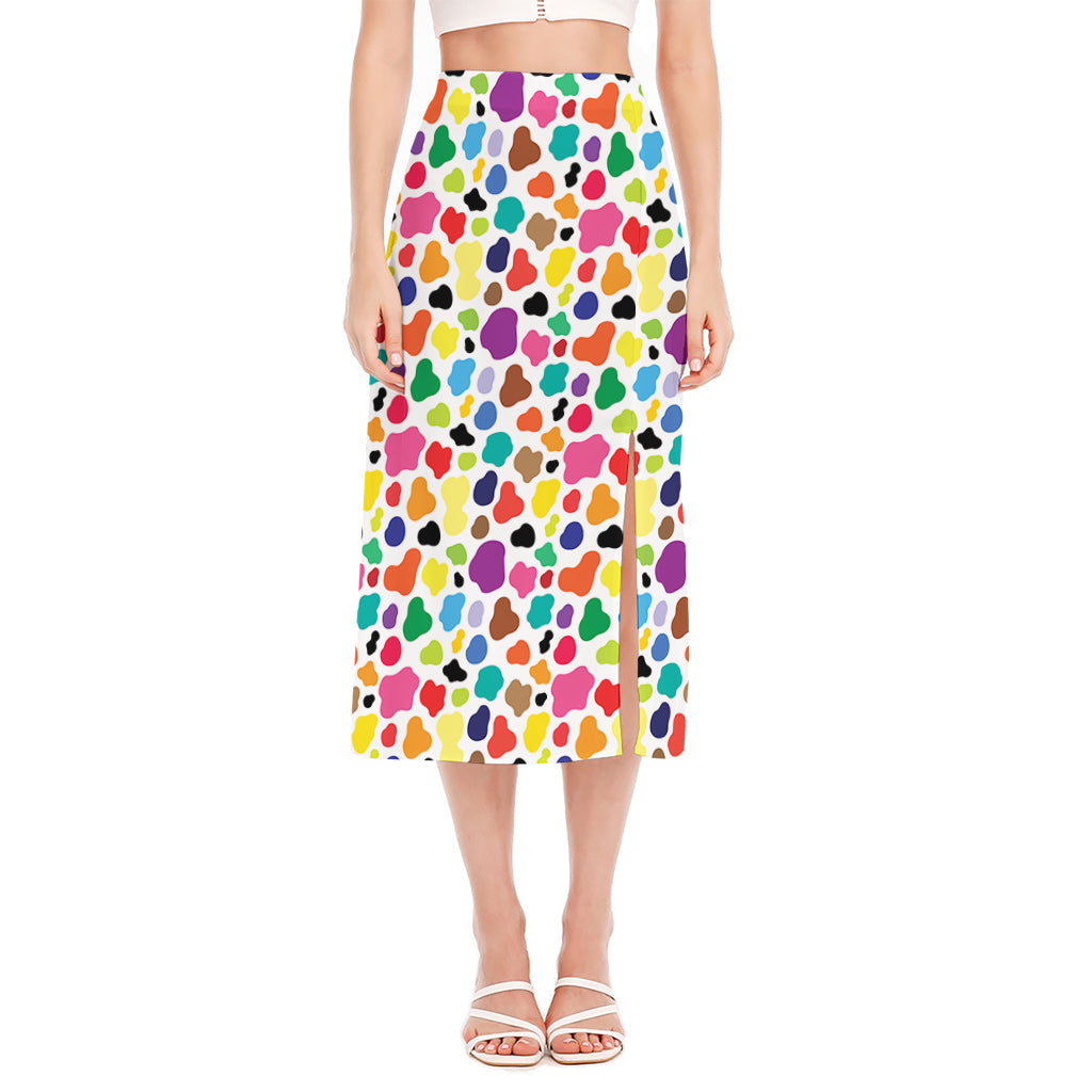 Colorful Cow Pattern Print Side Slit Midi Skirt