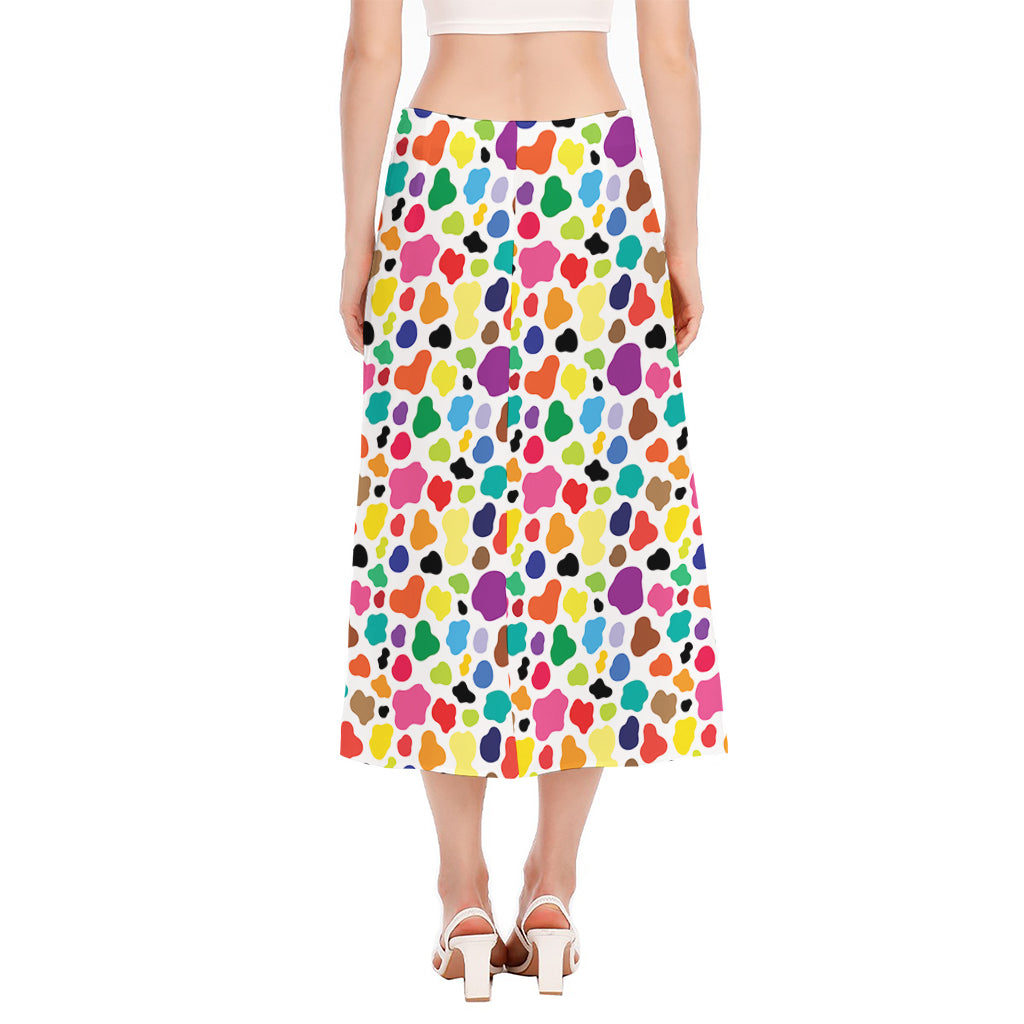 Colorful Cow Pattern Print Side Slit Midi Skirt