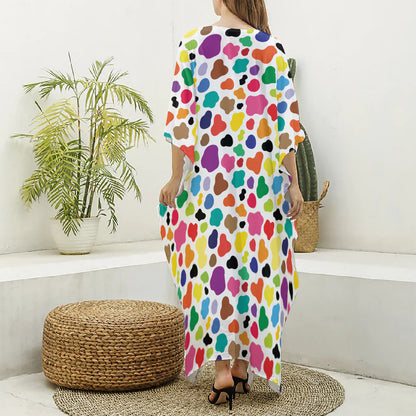 Colorful Cow Pattern Print Silk V-Neck Kaftan Dress