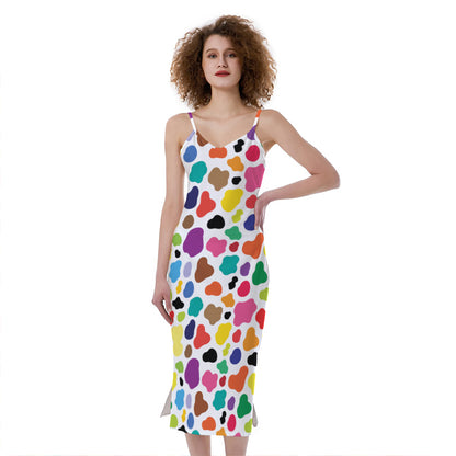 Colorful Cow Pattern Print Slim Fit Midi Cami Dress
