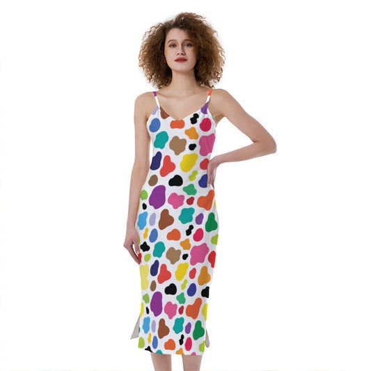 Colorful Cow Pattern Print Slim Fit Midi Cami Dress