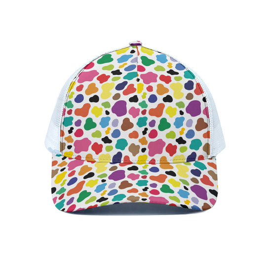 Colorful Cow Pattern Print White Mesh Trucker Cap