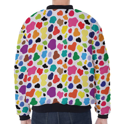 Colorful Cow Pattern Print Zip Sleeve Bomber Jacket