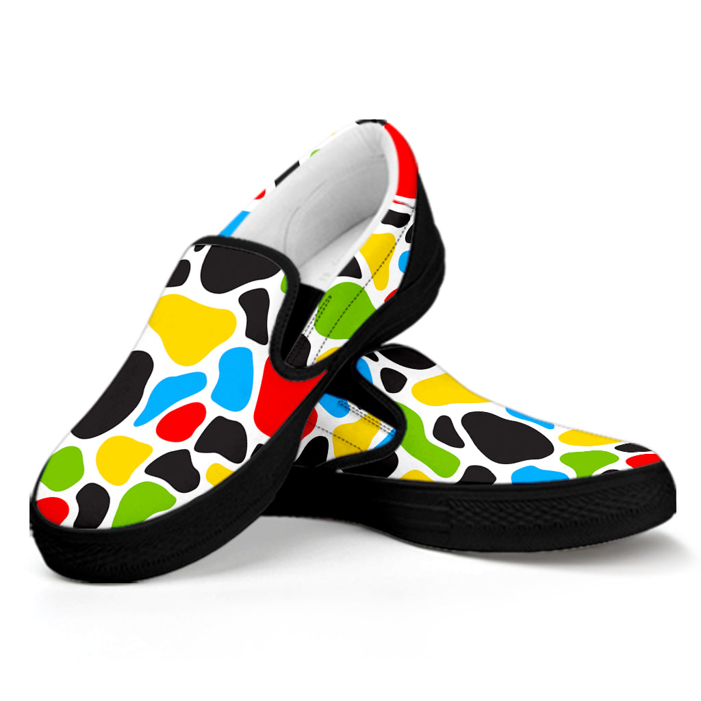 Colorful Cow Print Black Slip On Sneakers
