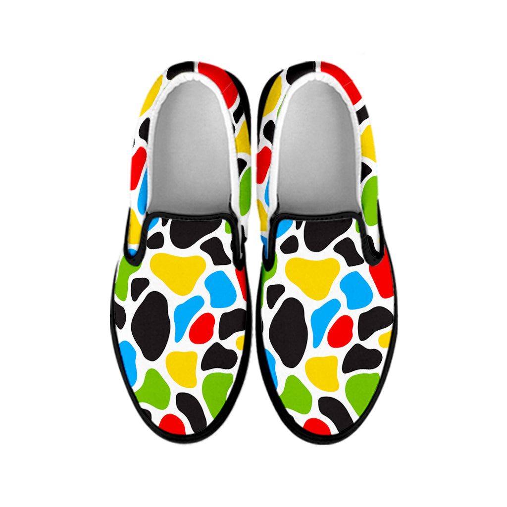 Colorful Cow Print Black Slip On Sneakers