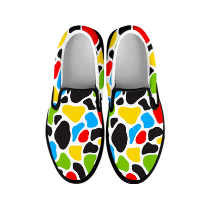 Colorful Cow Print Black Slip On Sneakers