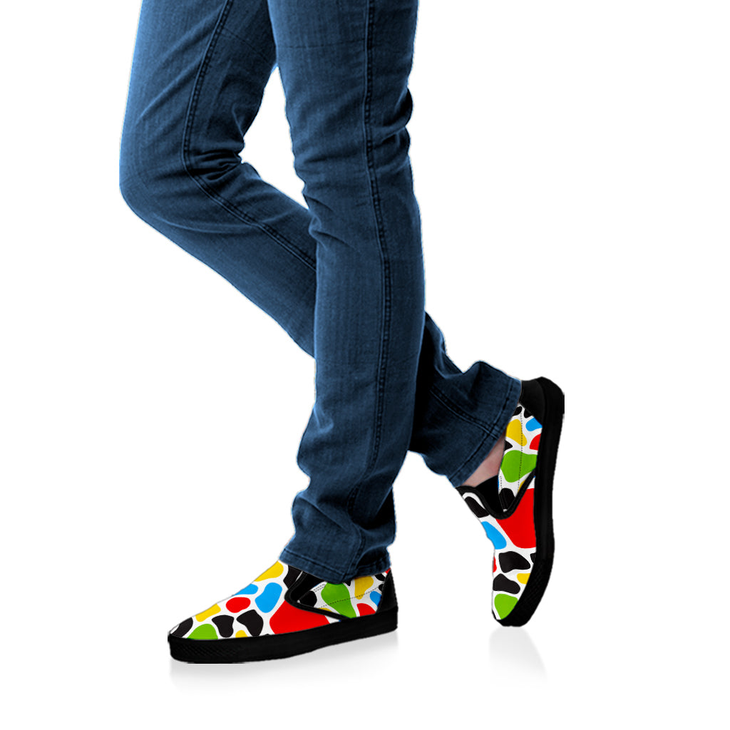 Colorful Cow Print Black Slip On Sneakers