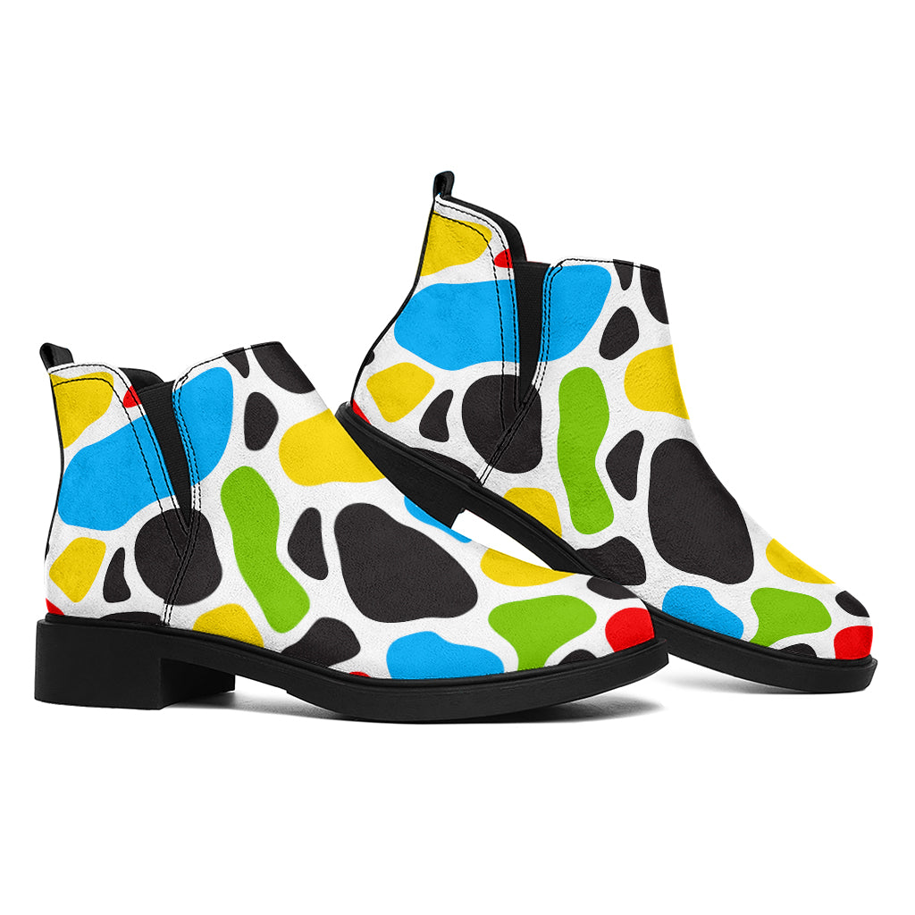 Colorful Cow Print Flat Ankle Boots