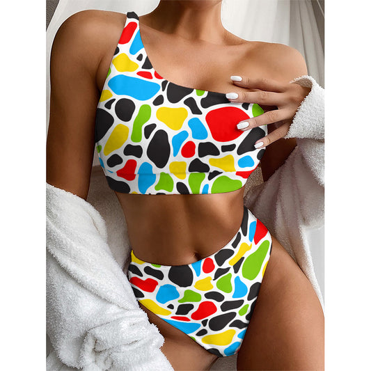 Colorful Cow Print One Shoulder Bikini Top