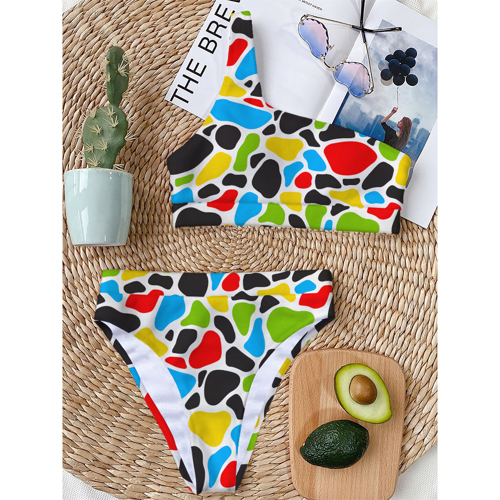 Colorful Cow Print One Shoulder Bikini Top