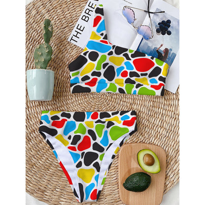 Colorful Cow Print One Shoulder Bikini Top
